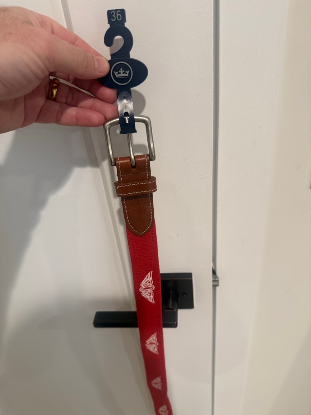 Peter Millar Red Canvas Belt with Brown Leather Trim